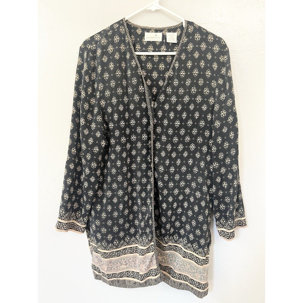 Liz Claiborne VTG 90s 100% Silk Black Size 14 Button Up Tunic Blouse Travel
